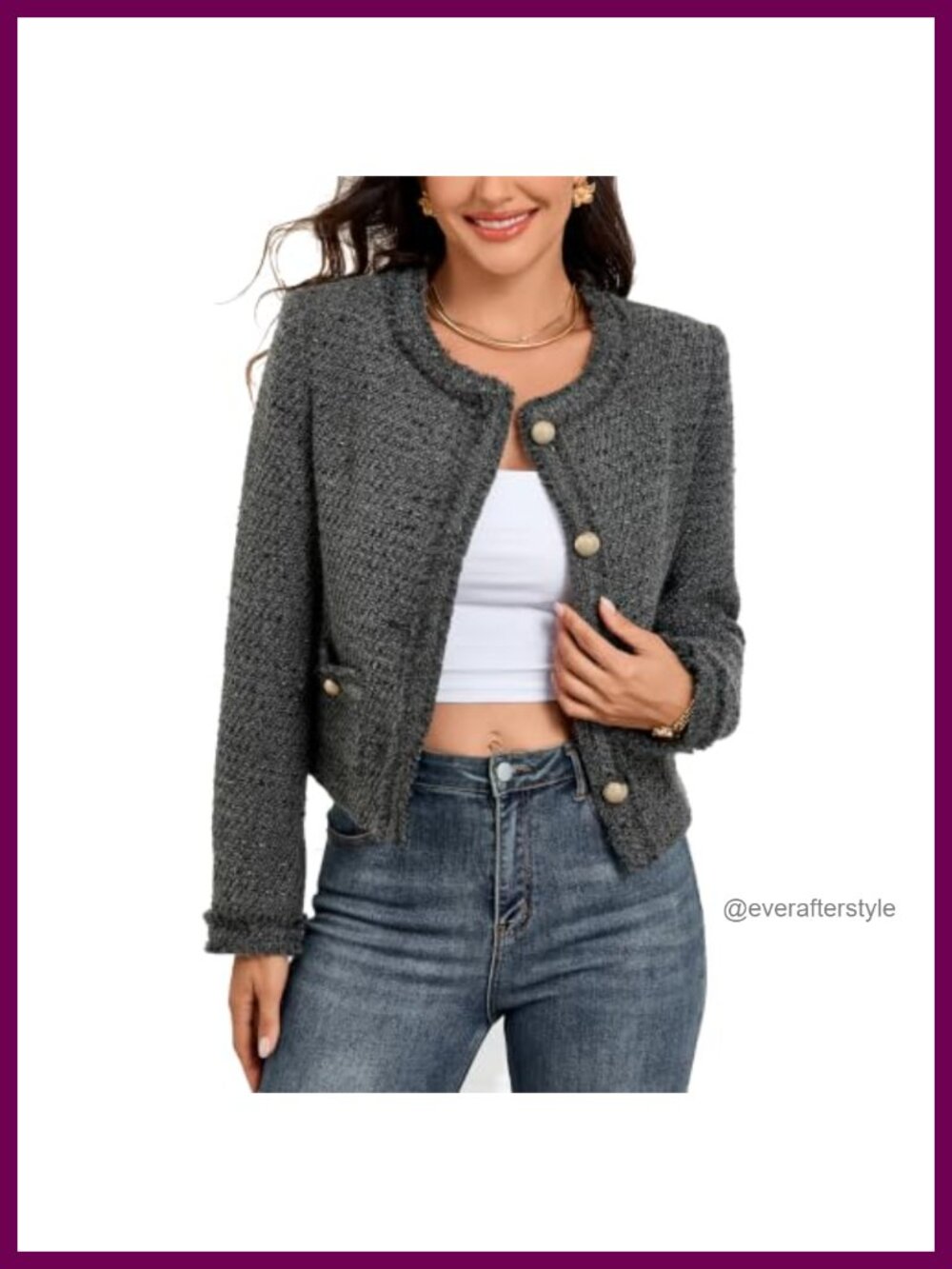 Cropped Tweed Blazer with Fringe Trim & Gold-Tone Buttons